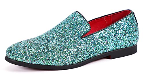 Santimon Herren Loafer Metallic Texturierte Slip-on Glitzer Mode Slipper Mokassins Freizeit Kleid Schuhe Rot Blau Grün, cyan, 46.5 EU von Santimon