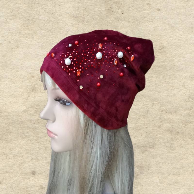 Samt Slouchy Beanie Strass Trendy Hat von SantiniStudio