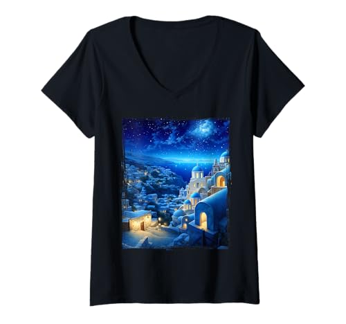 Damen Santorini Griechenland - Blaue Kuppeln in Van Gogh Santorini Griechenland T-Shirt mit V-Ausschnitt Damen Santorini Griechenland - Blaue Kuppeln in Van Gogh Santorini Griechenland T-Shirt mit V-Ausschnitt von Santorini Greece CLICK HERE FOR MORE