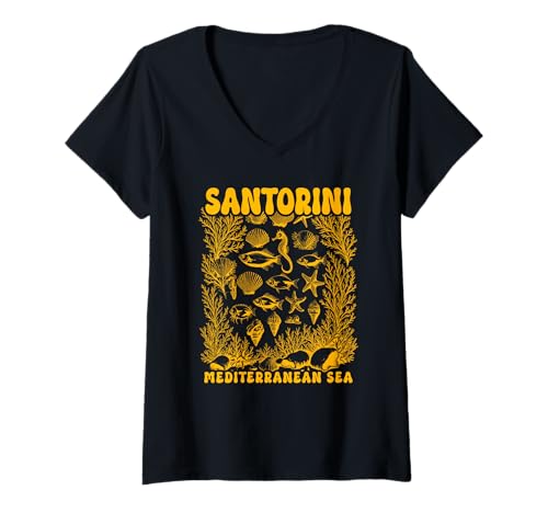 Damen Santorini Griechenland Ägäis Meer Ozean Muschel Griechisch T-Shirt mit V-Ausschnitt Damen Santorini Griechenland Ägäis Meer Ozean Muschel Griechisch T-Shirt mit V-Ausschnitt von Santorini Island Ocean Greek Designs
