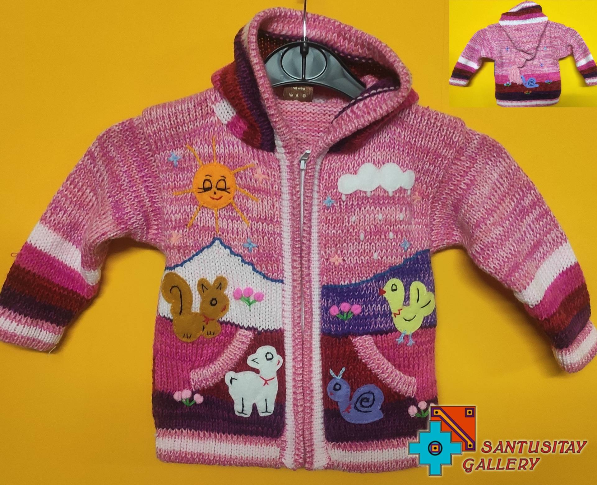 2 Jahre Alter Pullover Mädchen Junge Kinder Hoodie Strickjacke Fleece Gefüttert Alpakawolle Weich Warm Gestrickt Bestickt Lustige Applikation Rot von Santusitay