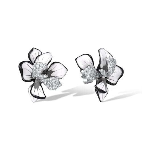 Santuzza Orchideen-Ohrringe, 925er-Sterlingsilber, weiße Zirkonia, handgefertigt, Emaille, weiße blühende Blume, Tropfenohrring, Schmuck, Geschenk für Frauen, Emaille-Edelstein aus Sterlingsilber von Santuzza