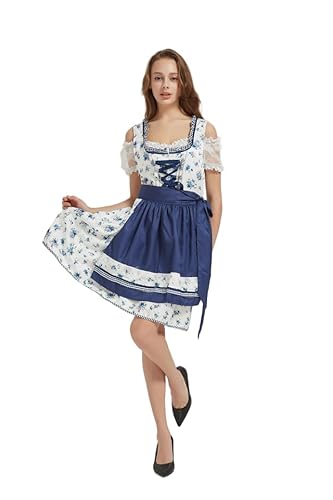Sanu Belle Dirndl Damen Midi 3-TLG. für Oktoberfest Trachtenkleid Damen Trachtenrock Trachtenmode Kleid Dirndl mit Bluse Blau-Weiße Blume M von Sanu Belle