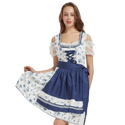 Sanu Belle Dirndl Damen Midi 3-TLG. für Oktoberfest Trachtenkleid Damen Trachtenrock Trachtenmode Kleid Dirndl mit Bluse Blau-Weiße Blume XL von Sanu Belle