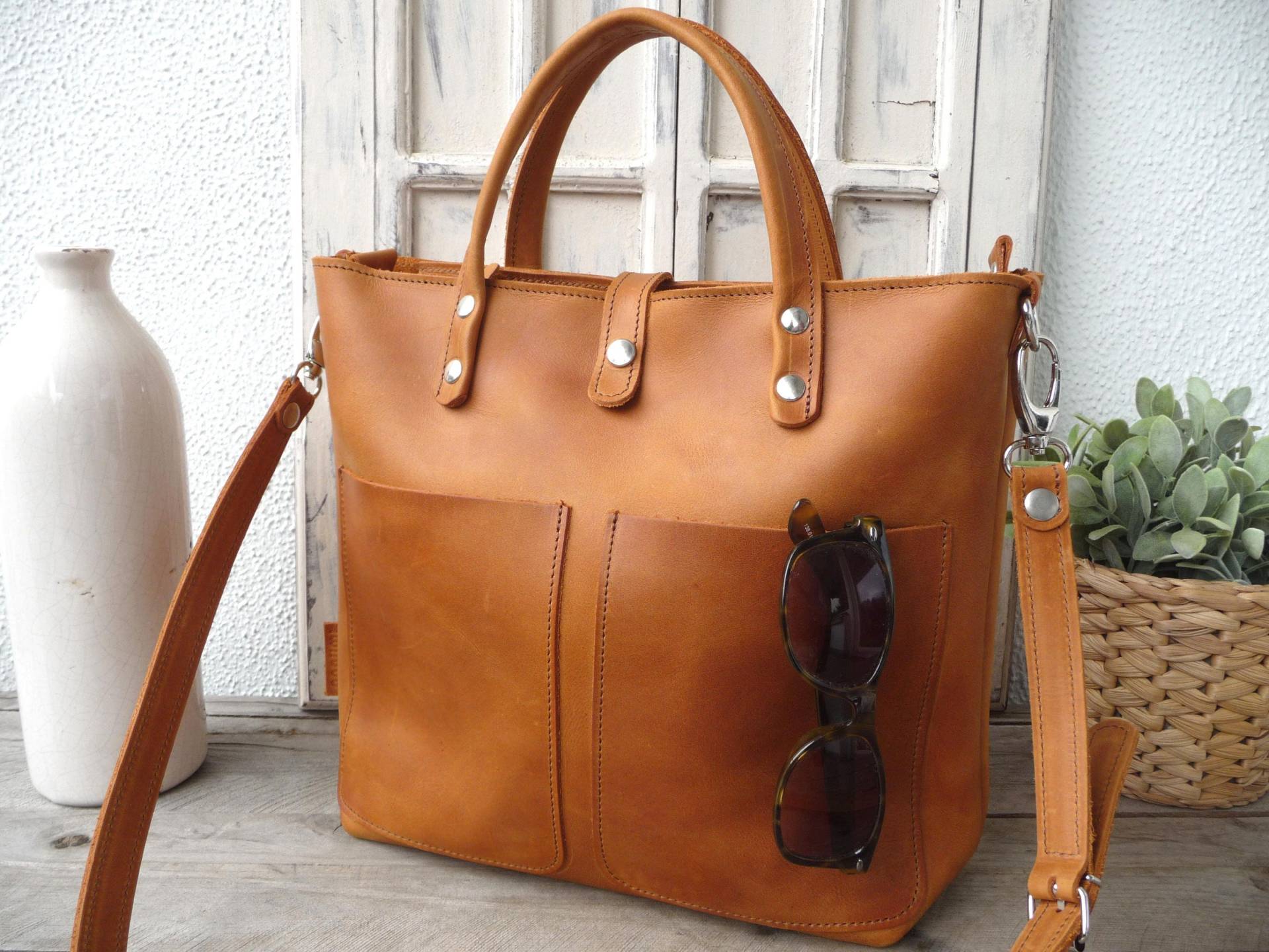 Leather Handbag Women Cognac Color, , Small Brown Leather Crossbody Bag Women, With Optional Frontpockets, Zippers, Strap, Lenie von SanumiLeatherGoods