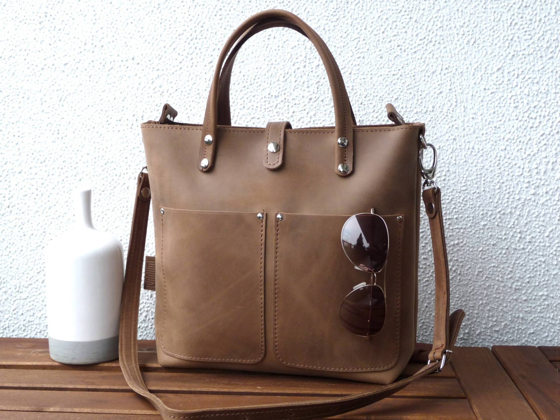 Leather Tote Bag Women Brown, Small Leather Tote Shopper Zipper Options, Ledertasche Crossbody, Lenie von SanumiLeatherGoods