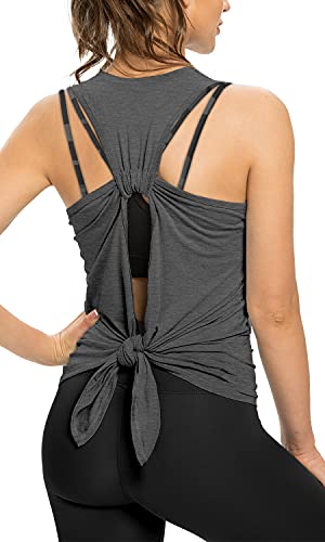 Fofitness Damen Offener Rücken Workout Shirts Sport Activewear Tank Tops Athletic Muscle Tanks Tie Knoten Gym Shirts - grau - X-Klein von Sanutch