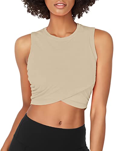 Sanutch Bauchfreies Workout-Tops für Damen, bauchfrei, Tanz-Tops für Frauen, schmale Passform - Beige - Groß von Sanutch