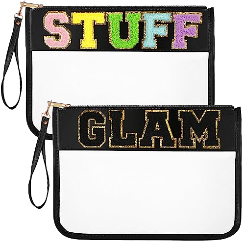 Sanwuta 2 Stücke Chenille Brief Klar Reißverschluss Beutel Klar Kosmetiktasche Make-up Brief Tasche Stadion Geldbörse Tasche Transparent Reise Patch Pouch, Glam Stuff, 11.8 x 8.2 Inch von Sanwuta