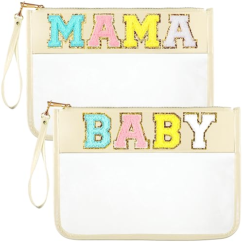 Sanwuta 2 Stücke Chenille Brief Klar Reißverschluss Beutel Klar Kosmetiktasche Make-up Brief Tasche Stadion Geldbörse Tasche Transparent Reise Patch Pouch, Mama Baby, 11.8 x 8.2 Inch von Sanwuta