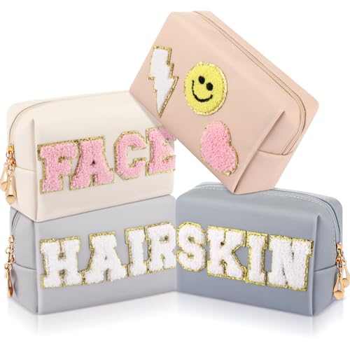 Sanwuta 4 Stück Chenille Tasche Preppy Patch Make-up Tasche Kosmetiktasche Chenille Buchstaben Kulturbeutel PU Leder Wasserdicht Tragbare Tasche Reise Organizer, Beige, Rosa, Grau, Blaugrau, Frischer von Sanwuta