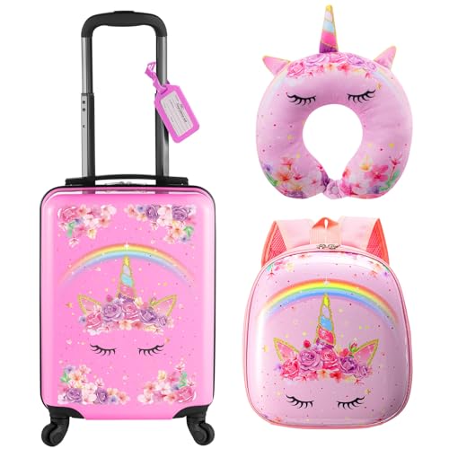 Sanwuta 4-teiliges Gepäck-Set für Mädchen, Rollkoffer mit Rad, Kindergepäck-Set mit Rucksack, Nackenkissen, Namensschild, Einhorn-Regenbogen-Stil, 18 Inch von Sanwuta