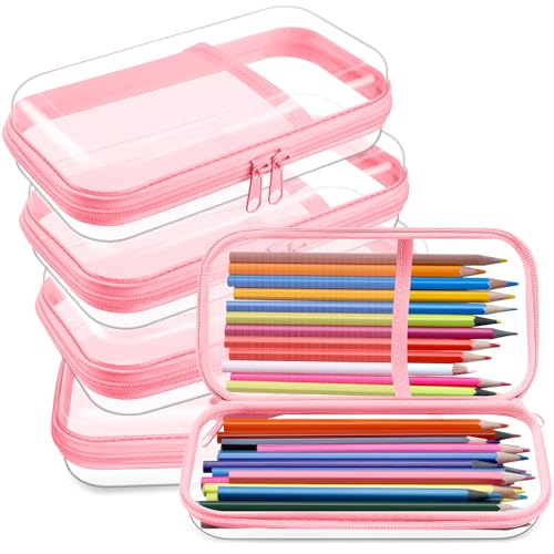 Sanwuta 4 x Hartschalen-Federmäppchen mit Reißverschluss, transparent, Kunststoff, Hartschale, Federmäppchen mit Netztasche, Kulturbeutel, Make-up-Tasche, Bürobedarf und Reiseaufbewahrung (Nude Pink) von Sanwuta