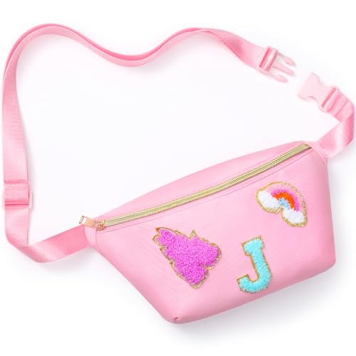 Sanwuta Gürteltasche für Mädchen, Crossbody-Bauchtasche mit Anfangsbuchstaben, verstellbarer Riemen, Patch, Gürteltasche, Kinder, Teenager, Frauen, Pink, Buchstabe J von Sanwuta