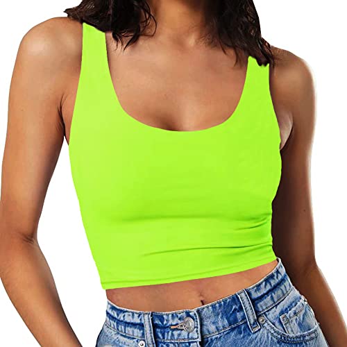 SanxiawaBa Damen Sexy Ärmellos Crop Tops Doppellagig U-Ausschnitt Cropped Tank Top, neon green, Mittel von SanxiawaBa