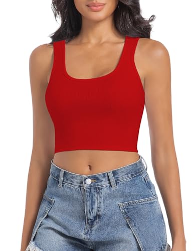 SanxiawaBa Damen Ärmellos Gerippt Crop Tops Rundhals Dehnbar Casual Basic Fitted Tank Top, 01#short Red, Klein von SanxiawaBa