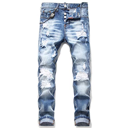 Herren Slim Jeans Hose Denim Hose Reißverschluss Blau Loch Bleistift Hose Jeans, 1049, 32 von Sanykongy