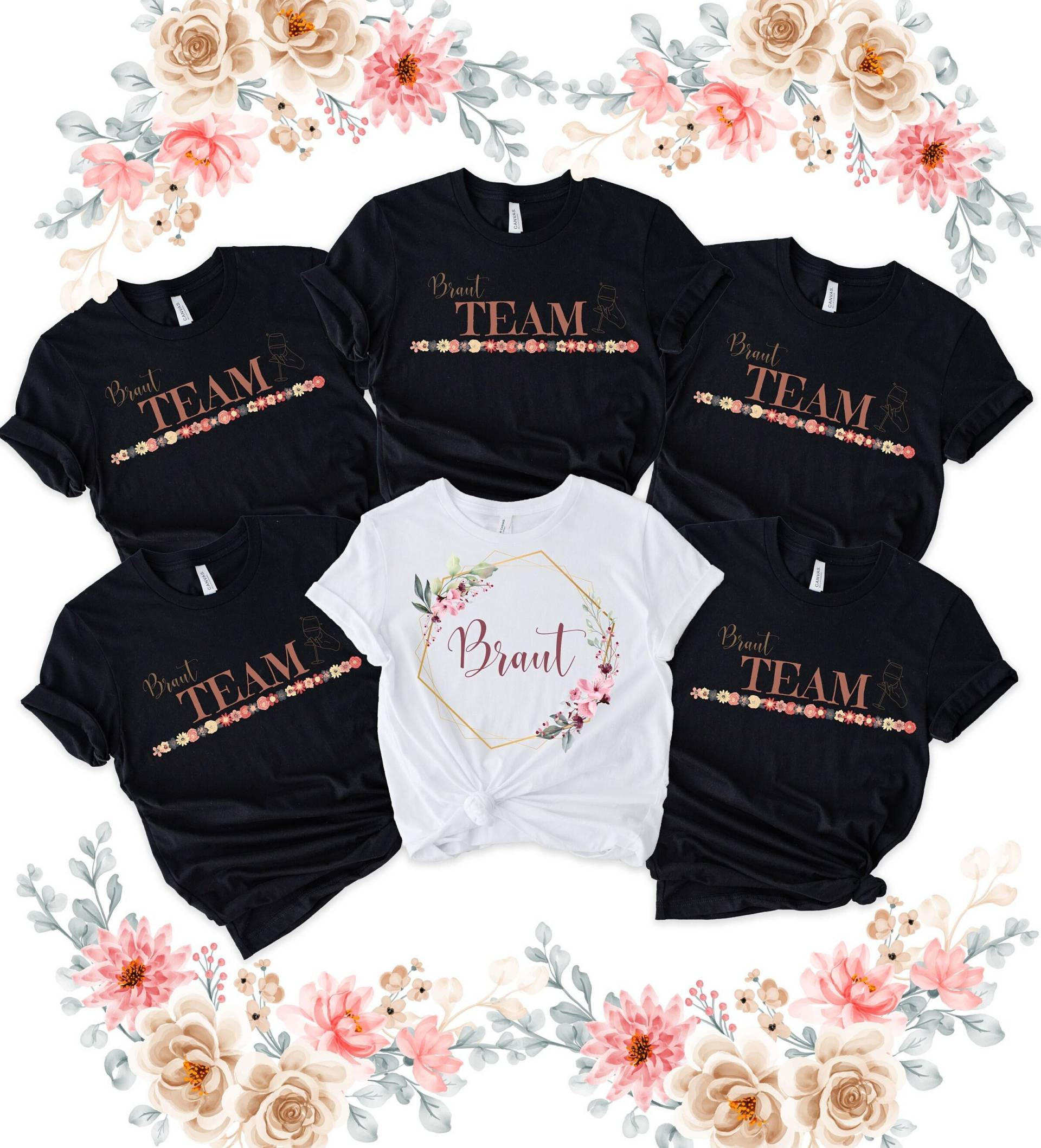 Braut Shirt Weiß Mit Blumen, Jga Schwarz Bachelorette Party Shirts, Hochzeit 2025 von SanyliciousDesigns