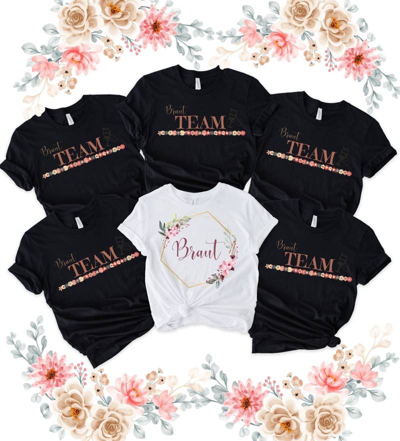 Braut Shirt Weiß Mit Blumen, Jga Schwarz Bachelorette Party Shirts, Hochzeit 2025 von SanyliciousDesigns