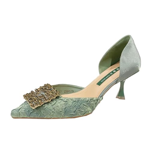 2.4" Damen Satin Low Heels, Sommer Spitze Zehensandalen für Büro, Party, Täglich, einfach zu kombinieren mit Kleid, Röcke, Jeans (Color : Green, Size : EU(CN)36/US5-5.5) von SanzIa