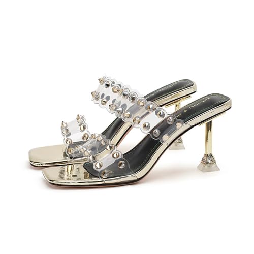 Damen Klar Nieten Strass Slide Sandalen Slip on Offene Zehe Niedlich Strass Blockabsatz Slide Sandalen für Sommer (Color : A, Size : EU(CN)34/US3) von SanzIa