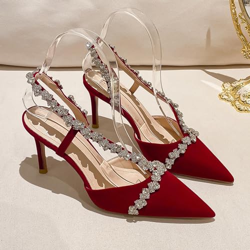 Damen Low Kitten Absätze Pumps, Pointy Riemchen Nieten Schuhe,Geschlossene Zehe High Heels,Slingback Pumps,Sommer Pointy Toe Party Daily Wear Sandalen (Color : Red, Size : EU(CN)36/US5-5.5) von SanzIa