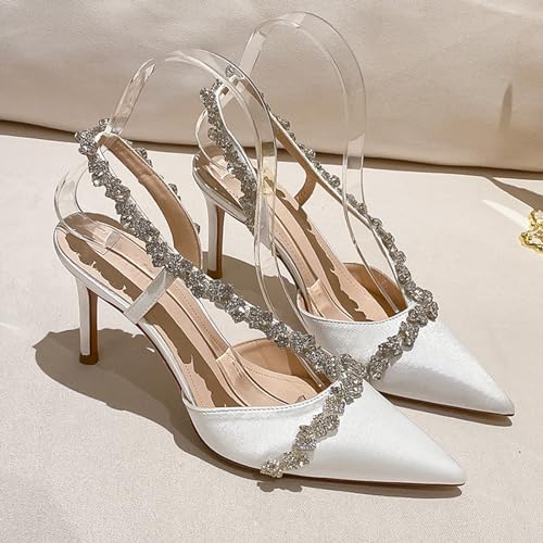 Damen Low Kitten Absätze Pumps, Pointy Riemchen Nieten Schuhe,Geschlossene Zehe High Heels,Slingback Pumps,Sommer Pointy Toe Party Daily Wear Sandalen (Color : White, Size : EU(CN)38/US7-7.5) von SanzIa