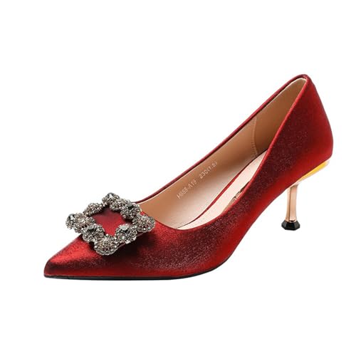 Damen Pumps Spitz zulaufend Hoher Absatz Slip on Stiletto Heel Pumps 2.6 Zoll Sommer Hochzeit Kleid Schuhe (Color : Red, Size : EU(CN)39/US8-8.5) von SanzIa