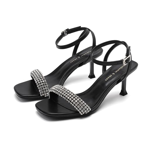 Damen Riemchen Strass Blockabsatz Slide Sandalen mit anpassbarem Knöchelriemen, quadratische Zehe, 2,75 in Absatzhöhe für den Sommer (Color : Schwarz, Size : EU(CN)35/US4) von SanzIa