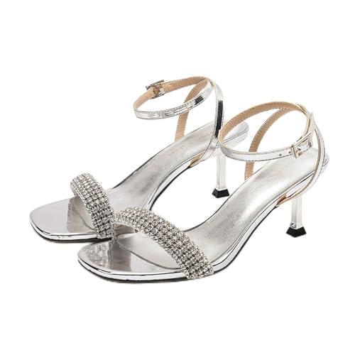 Damen Riemchen Strass Blockabsatz Slide Sandalen mit anpassbarem Knöchelriemen, quadratische Zehe, 2,75 in Absatzhöhe für den Sommer (Color : Silver, Size : EU(CN)35/US4) von SanzIa