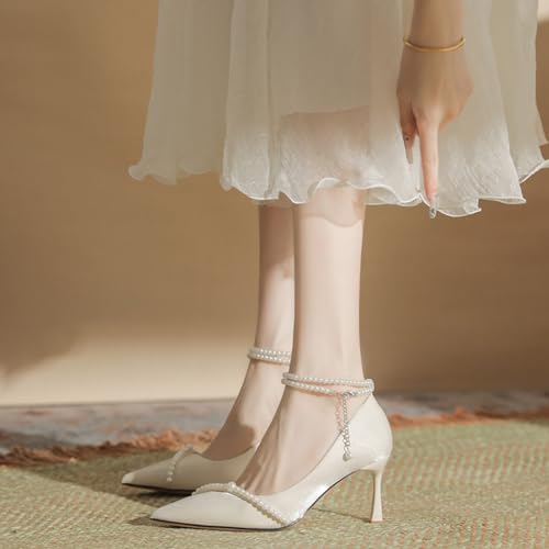 Damen spitze Zehe Shallow, Satin High Heel Sandalen mit Perlen Knöchelriemen Patent, passen mit Kleid, Röcke, Jeans, Strumpfhosen, Skinny Hosen, Leggings, Shorts. (Color : White, Size : EU(CN)37/US6 von SanzIa