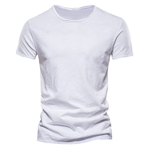 Baumwolle Herren O-Ausschnitt Kurzarm T-Shirt Lässige Weiche Fitness Sommer Dünne T-Shirts Herren Heimkleidung F038-white M von SaoBiiu