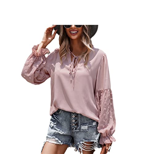 Bogen Weibliche Kleidung Vintage Mode Puff Sleeve Chiffon Damen Bluse Und Tops Casual V Ausschnitt Lose Shirts Pink M von SaoBiiu