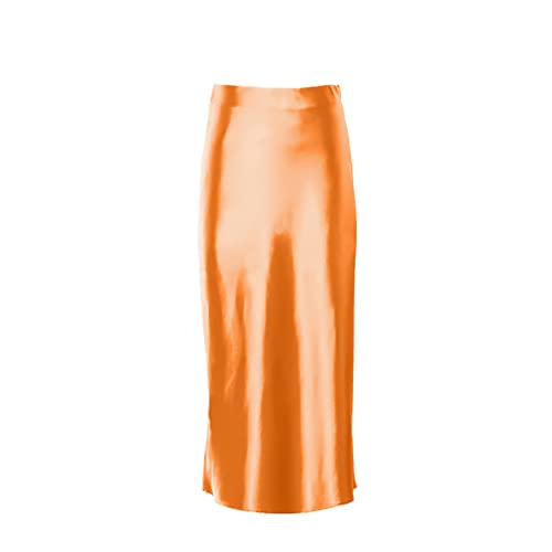 Damen-Rock, einfarbig, Satin, Seide, Sommer, hohe Taille, langer Rock, für Büro, Midi-Röcke, Orange, 44 von SaoBiiu