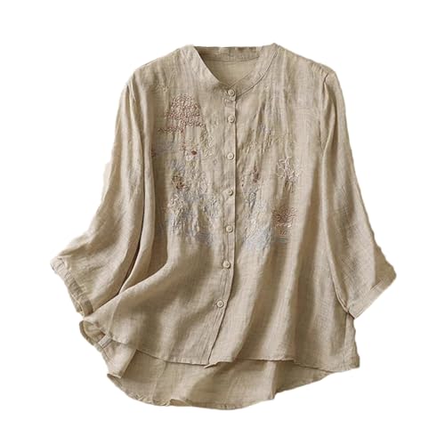 Damen Sommer Baumwolle und Leinen Stickerei Shirt Lose Casual Bluse Große Größe, khaki, L von SaoBiiu