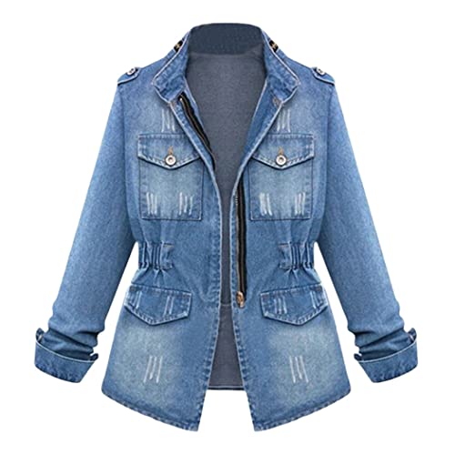 Denim-Jacke in Übergröße, lässig, einfarbig, Übergröße, Herbst, Damen, schmale Jeansjacke, Taschenmantel, B, 50 von SaoBiiu