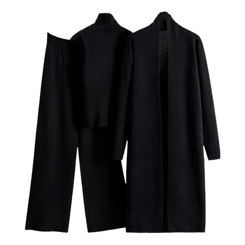 Frühling Herbst 3 Stück Damen Strickjacke Trainingsanzüge Gestrickte Hose Set Pullover Anzug Mode 3 Stück Set black One Size von SaoBiiu