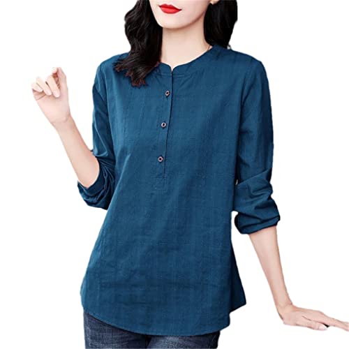 Herbst Baumwolle Vintage Casual Shirts Langarm Übergroße Pullover Bluse Lose Top Blue EN8 4XL von SaoBiiu
