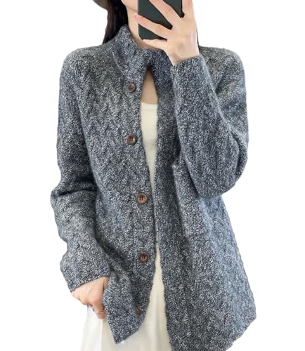 Herbst Winter 100% Merino Wolle Pullover Frauen Stehkragen Strickcardigan Mode Twisted Strickjacke Tops, a, XL von SaoBiiu