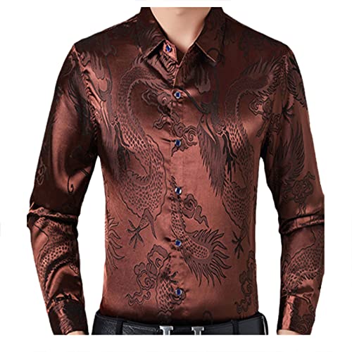 Herren-Hemd, chinesischer Drachen, Jacquard-Seide, Satin, schmale Passform, langärmelig, Knopfleiste, braun, XL von SaoBiiu