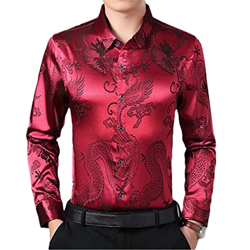 Herren-Hemd, chinesischer Drachen, Jacquard-Seide, Satin, schmale Passform, langärmelig, Knopfleiste, weinrot, XL von SaoBiiu