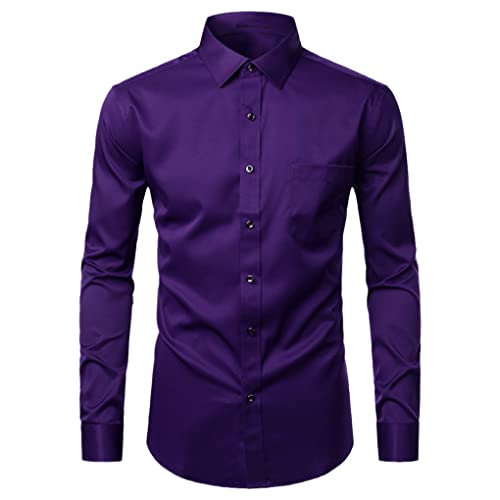 Herren Hemd Slim Fit Faltenfrei Freizeithemd Bügelfrei Pflegeleicht Elastisches Hochzeitshemd Dark Purple S von SaoBiiu