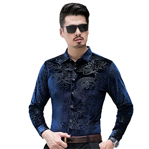 Herren Samthemd mit chinesischem Drachen-Druck, langärmelig, schmale Passform, Hemden, Freizeithemden, navy, L von SaoBiiu