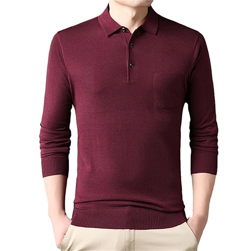 Herren Strickpullover Aus Wollstrick Mit Polokragen Lässiger Umlegekragen Wollstrick T Shirt Mit Langen Ärmeln Burgundy L von SaoBiiu