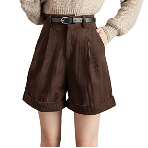 Lockere Damen Cord Weites Bein Shorts Hohe Taille Herbst Winter Bermuda Knielang Kurz, coffee, XL von SaoBiiu
