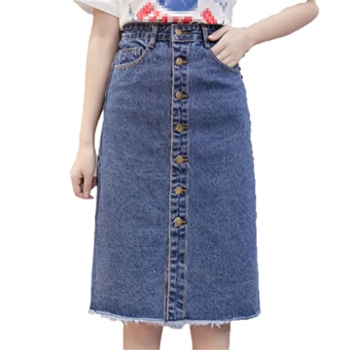 Midi-Jeansrock mit Knopfleiste vorne für Damen, lässig, hohe Taille, ausgefranster Saum mit Tasche, knielang, Cowboyrock weiblich, blau, Mittel von SaoBiiu
