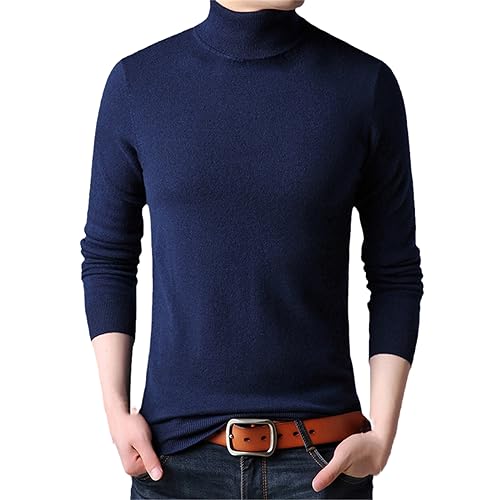 Rollkragenpullover Für Herren 100% Wolle Gestrickt Lässiger Langarmpullover Reine Wolle Slim Fit Pullover Strickwaren Navy Blue M von SaoBiiu