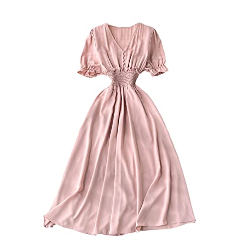 SaoBiiu Damen Kleid mit V-Ausschnitt, Chiffon, für Sommer, lässig, Party, elastische Taille, schlankes Tunika, Strandkleid, rose, Einheitsgröße von SaoBiiu