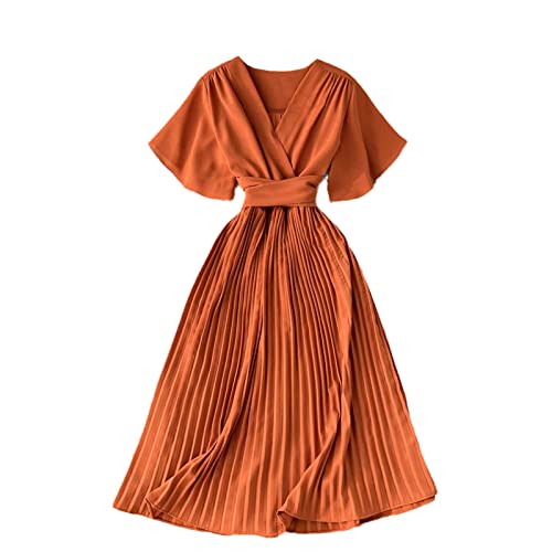 SaoBiiu Damen Sommer V-Ausschnitt Plissee Chiffon Kleid Frauen Party Slim Tunika Bandage Kleider, Orange/Rot, Einheitsgröße von SaoBiiu