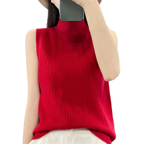 SaoBiiu Damen Sommerpullover Weste Ärmellos Stehkragen Merinowolle Gestrickt Schmaler Pullover Red XL von SaoBiiu